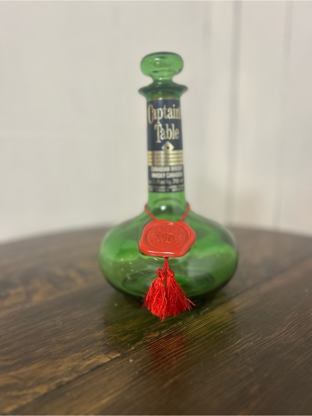 Vintage 1960s Captain Table Green Glass Decanter, Canadian Whisky, Red Wax Seal